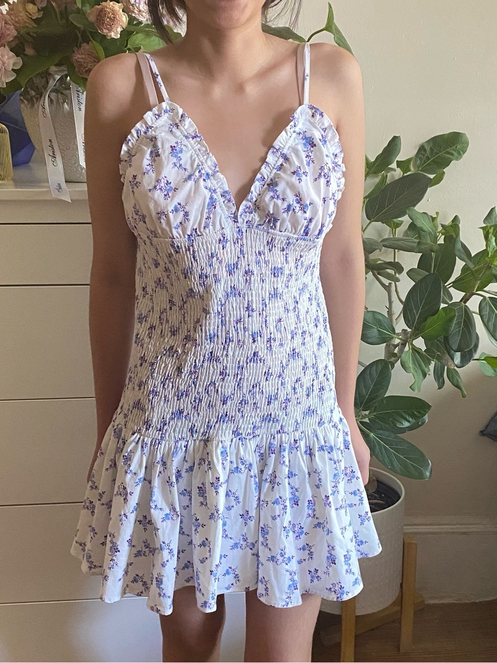 Zara White Floral Smocked Sundress with Blue Print